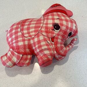 Rare Vintage handmade elephant pillow Gingham Pink Plaid with hat